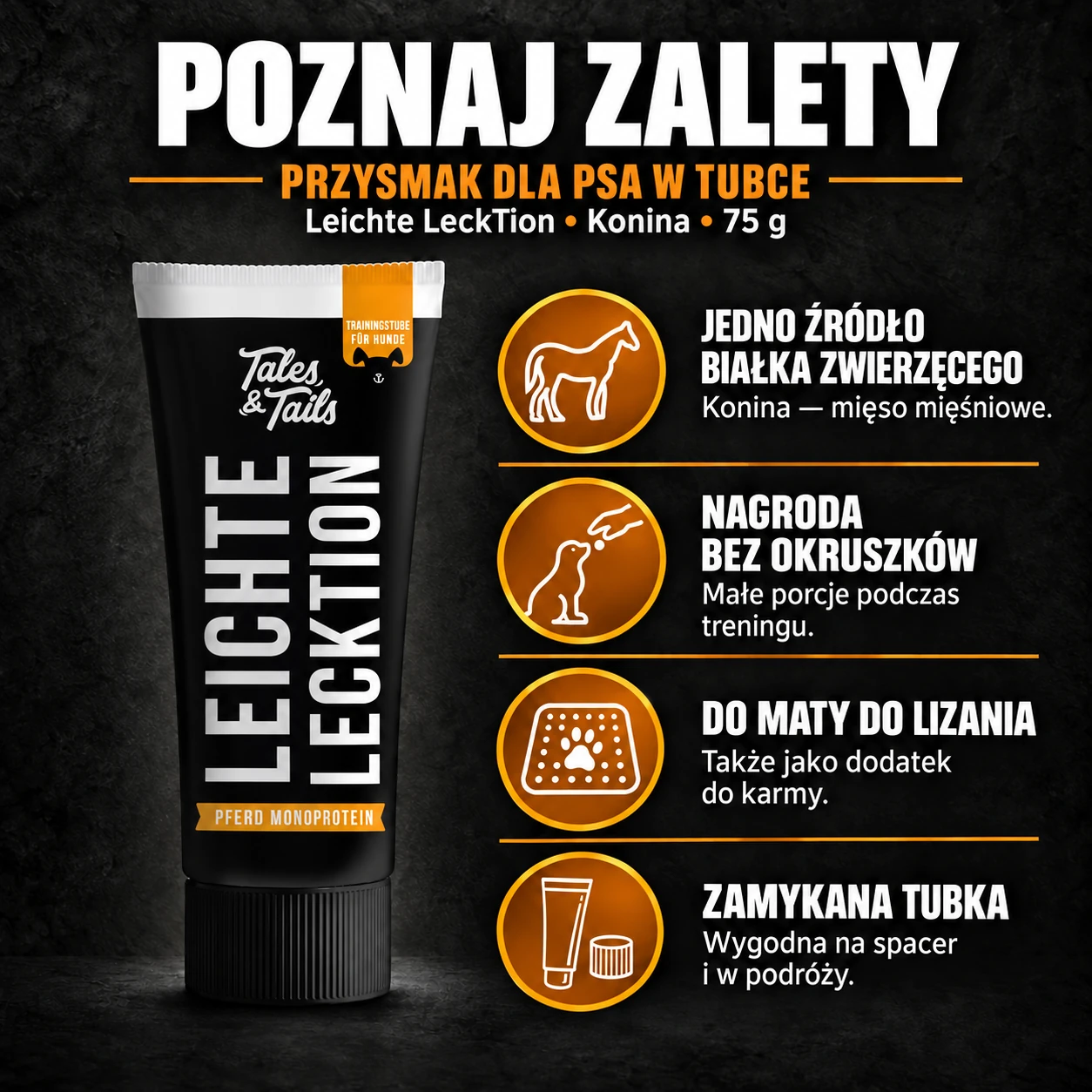 Zalety Leichte LeckTion z koniną: jedno źródło białka zwierzęcego, porcjowanie, mata do lizania i zamykana tubka