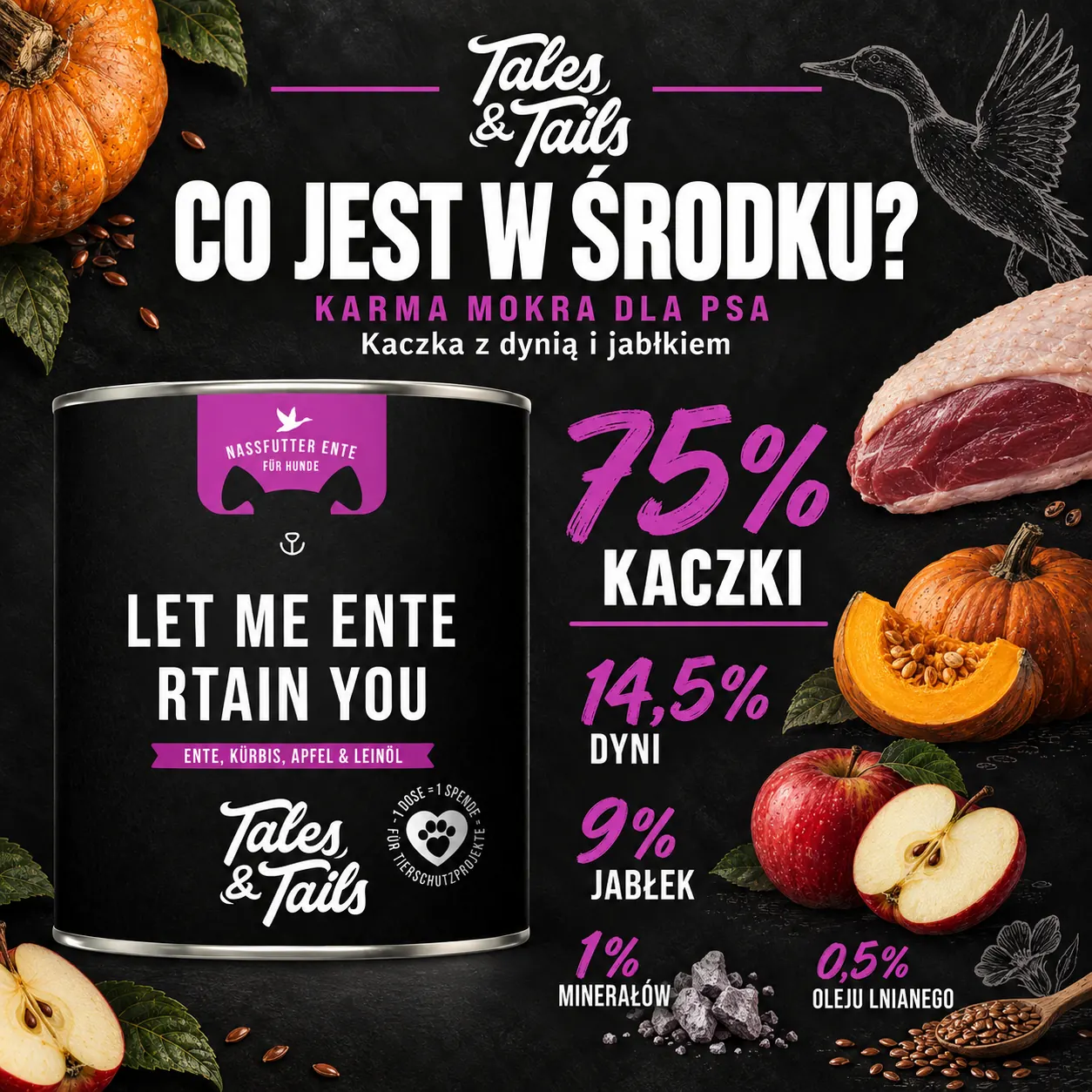 Skład karmy mokrej Tales & Tails kaczka, z puszką 800 g.