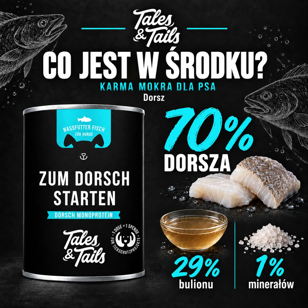Skład karmy mokrej Tales & Tails dorsz, z puszką 400 g.